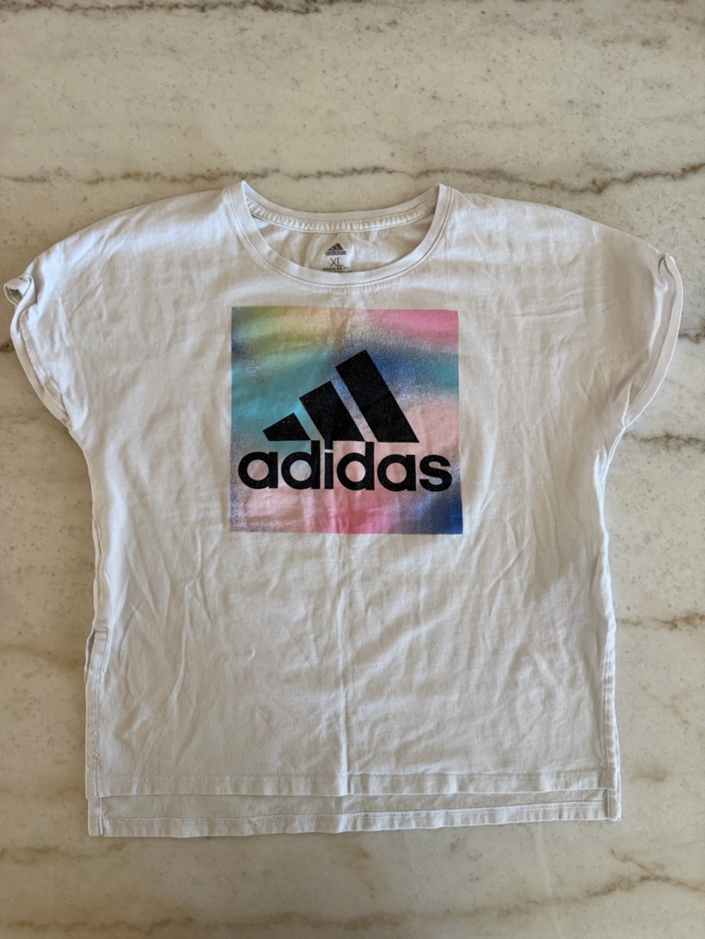 adidas White Tee with Pastel Gradient Logo